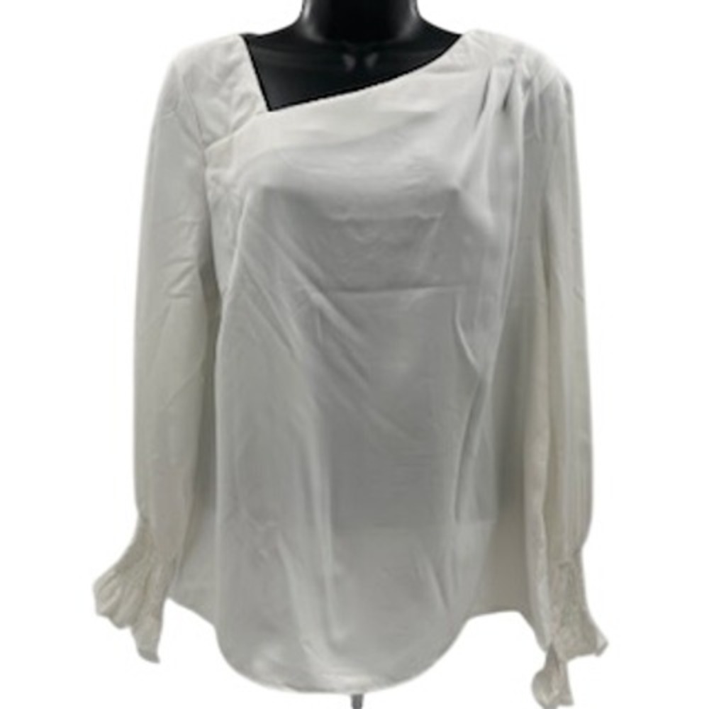 Evaless Womens White Asymmetrical Neckline Blouse Smocked Cuff Size M NWT - Picture 3 of 11